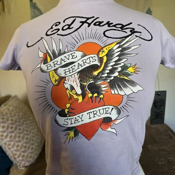 Ed Hardy Brave Hearts Eagle Tattoo Crop Top Y2K Purple Women’s M - Picture 3 of 13